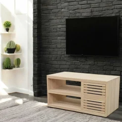 New Orléans Meubles Tv En Bois|Meuble TV Hévéa 2 tiroirs façade Persienne, 2 niches 90x45x45cm NEW ORLEANS