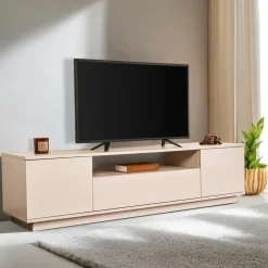 MARFA Meubles Tv En Bois|Meuble TV moderne 3 portes nude et effet travertin