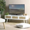 CALVIA Meubles Tv Scandinaves|Meubles Tv En Bois|Meuble TV scandinave bois blanc 3 tiroirs rotin