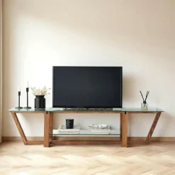 LHASA Meubles Tv En Bois|Meuble TV verre trempé bois foncé - 158 cm 2 niveaux