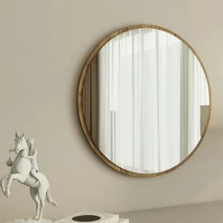 CODY Miroirs|Miroir rond moderne avec cadre effet noyerØ60 cm