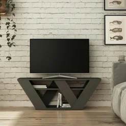 MARFA Meubles Tv En Bois|Petit meuble TV gris foncé avec rangement - pied en W
