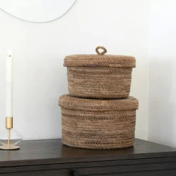 Rangements Déco·Paniers / Boîtes De Rangement|Vannerie Rotin|Petit panier de rangement rond en feuille de bananier avec couvercle (lot de 2)