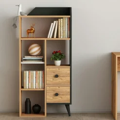 MARFA Bibliothèques En Bois|Bibliothèques En Bois|Petite bibliothèque de chambre effet bois, 2 tiroirs