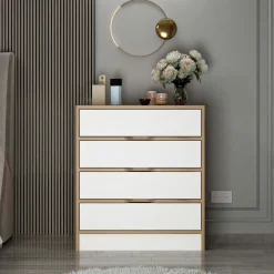 BYRON Commodes Blanches|Commodes En Bois|Petite commode moderne 4 tiroirs effet noyer & blanc