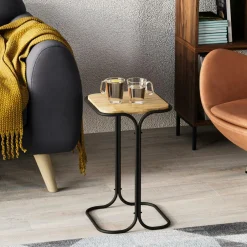 JENA Bouts De Canapé En Métal|Bouts De Canapé En Bois|Petite table d'appoint dorée carrée - plateau bois clair