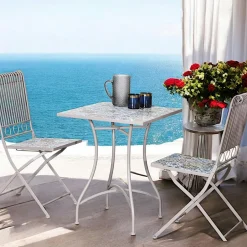 GRENADE Tables De Jardin|Petite table de jardin carreaux de ciment bleu et taupe 58 cm