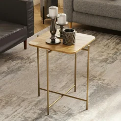 JENA Bouts De Canapé En Métal|Bouts De Canapé En Bois|Petite table en bois carrée - structure métal doré