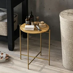 JENA Bouts De Canapé En Métal|Bouts De Canapé En Bois|Petite table en bois ronde - structure métal doré