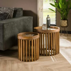 DELHI Bouts De Canapé En Bois|Petite table ronde striée (lot de 2)