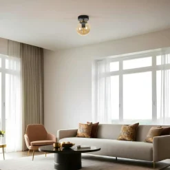 SIERRE Suspensions / Lustres|Plafonnier globe verre ambré, finition noire