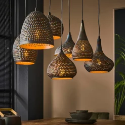 Java Lampes À Poser·Lampe Style Industriel|Suspensions / Lustres|Plafonnier rond ajouré en métal brun sombre Ø35 cm