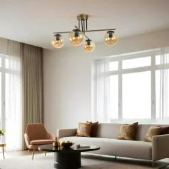 SIERRE Suspensions / Lustres|Plafonnier vintage doré 5 globes verre ambré