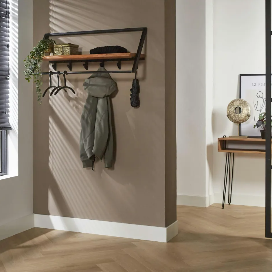 Melbourne Meubles D'Entrée·Portemanteaux|Meubles De Salon·Etagères Murales|Portemanteau mural 1 étagère en bois d'acacia 12 crochets métal