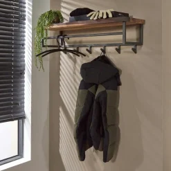 HALIFAX Meubles D'Entrée·Portemanteaux|Portemanteaux Industriels|Portemanteau mural en bois de noyer 12 crochets, 1 étagère