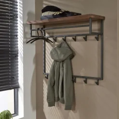 HALIFAX Meubles D'Entrée·Portemanteaux|Portemanteaux Industriels|Portemanteau mural en bois de noyer 6 crochets, 1 étagère