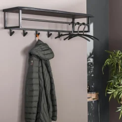 Melbourne Meubles D'Entrée·Portemanteaux|Meubles De Salon·Etagères Murales|Portemanteau mural noir 12 crochets 1 étagère bois