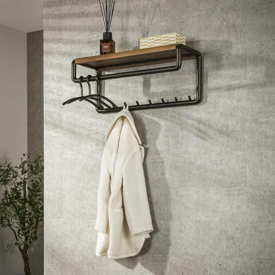 Helsinki Meubles D'Entrée·Portemanteaux|Portemanteaux Industriels|Portemanteau mural étagère effet bois & 8 crochets