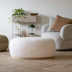 BRUGES Meubles De Salon·Poufs|Pouf blanc forme organique sur base en bois