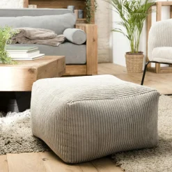TIM Univers Déco·Vintage|Meubles De Salon·Poufs|Pouf carré en velours côtelé gris perle