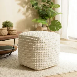 TIM Meubles De Salon·Poufs|Pouf carré laine ivoire effet tricot