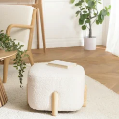 COLOMBUS Meubles De Salon·Poufs|Pouf carré tissu bouclette écru pieds bois