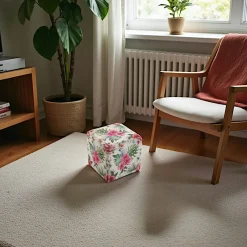Meubles De Salon·Poufs|Pouf cube tropical motif perroquets, feuilles et fleurs 35x35x35cm BORNEO