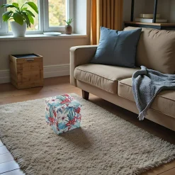 Meubles De Salon·Poufs|Pouf cube tropical motif feuilles et grandes fleurs rouges 35x35x35cm BORNEO