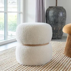 BRUGES Meubles De Salon·Poufs|Pouf de salon blanc effet fourrure avec cerclage bois