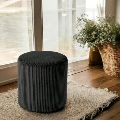 MALMOE Meubles De Salon·Poufs|Pouf rond velours côtelé noir (lot de 2)