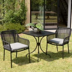 GIJON Salons De Jardin·Ensemble Repas|Salon de jardin 1 table carrée métal noir 70x70 cm - 2 fauteuils cordage noir 1 coussin gris