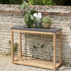 HERCULE Salons De Jardin·Ensemble Repas|Salon de jardin Aspect Béton et piètement en Acacia Table 200x100 + 2 bancs