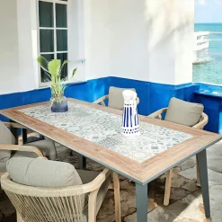 HERCULE Salons De Jardin·Ensemble Repas|Salon de jardin Aspect Béton et piètement en Acacia Table 200x100 + 2 bancs