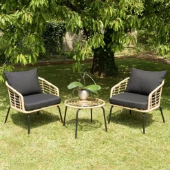 GIJON Salons De Jardin·Salons Détente|Salon de jardin détente 2 fauteuils 1 table basse rotin synthétique et coussins