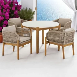 MENDOZA Salons De Jardin·Ensemble Repas|Salon de jardin en bois d'acacia et corde tressée (1 table de jardin ø120 cm et 4 sièges)
