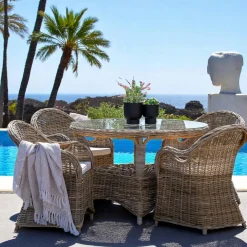 MENDOZA Salons De Jardin·Ensemble Repas|Salon de jardin en rotin gris (1 table ronde ø120 cm, 4 fauteuils de jardin)