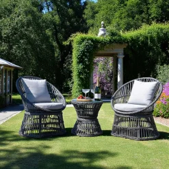 MENDOZA Salons De Jardin·Salons Détente|Salon de jardin en rotin synthétique gris (2 fauteuils et 1 petite table ronde)