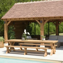 MANY Salons De Jardin·Ensemble Repas|Salon de jardin pieds en croix teck recyclé naturel table 320 cm + 2 bancs 270 cm