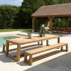 MANY Salons De Jardin·Ensemble Repas|Salon de jardin pieds inclinés teck recyclé naturel table 300 cm + 2 bancs