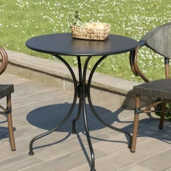 GIJON Salons De Jardin·Ensemble Repas|Salon de jardin table noire ronde D70 cm + 2 fauteuils bistrot tissu taupe
