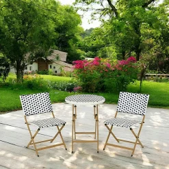 Salons De Jardin·Ensemble Repas|Salon de jardin table ronde + 2 chaises résine blanche tressée motifs bleus BISTROT