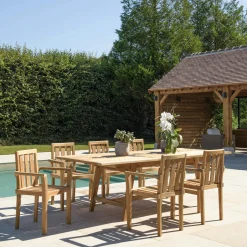 SUMMER Salons De Jardin·Ensemble Repas|Salon de jardin teck brut table pieds tréteaux 180/240 + 6 fauteuils