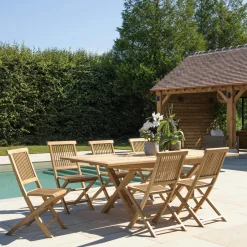 SUMMER Salons De Jardin·Ensemble Repas|Salon de jardin teck brut table pieds en croix 180/240 + 6 chaises bord droit