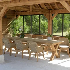 MANY Salons De Jardin·Ensemble Repas|Salon de jardin teck naturel 1 table pieds en croix 320 cm + 8 fauteuils résine tressée