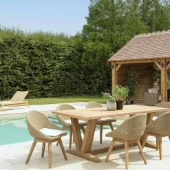 MANY Salons De Jardin·Ensemble Repas|Salon de jardin teck naturel 1 table pieds en V 220 cm + 6 chaises arrondies résine tressée