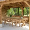 MANY Salons De Jardin·Ensemble Repas|Salon de jardin teck naturel 1 table pieds en croix 320 cm + 8 fauteuils bois