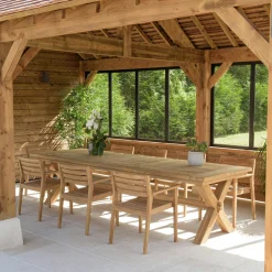 MANY Salons De Jardin·Ensemble Repas|Salon de jardin teck naturel 1 table pieds en croix 320 cm + 8 fauteuils bois