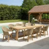 MANY Salons De Jardin·Ensemble Repas|Salon de jardin teck naturel 1 table pieds inclinés 300 cm + 8 fauteuils arrondis résine tressée