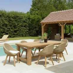 MANY Salons De Jardin·Ensemble Repas|Salon de jardin teck naturel 1 table pieds inclinés 300 cm + 8 fauteuils bois