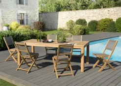 Salons De Jardin·Ensemble Repas|Salon de Jardin Teck Table 220x100 + 6 chaises pliantes BERGEN
